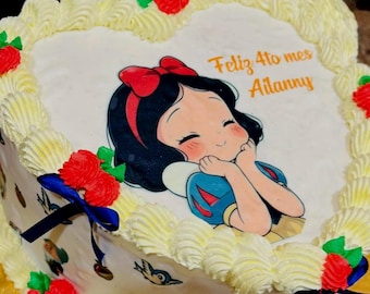 Snow White Edible Cake Topper, Heart Topper with Custom Text and Wrap Around Strips, Personalized Sugar Sheet