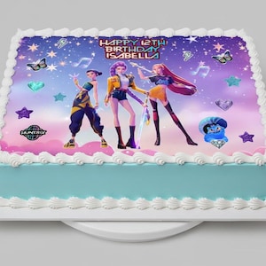 Topper Comestible K-POP para Cumpleaños | Lámina Demon Hunters | Pastel Morado Negro