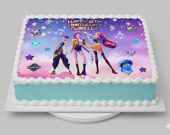 Topper Comestible K-POP para Cumpleaños | Lámina Demon Hunters | Pastel Morado Negro