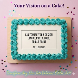 May include: A rectangular cake with teal frosting swirls around the edges. The center features a white edible print area with text: "Customize Your Design (Image, Photo, Logo) Edible Print 8x11.5 inches." The background is pink with confetti.
