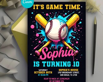 Baseball Drip Birthday Invitation, Neon Sports Party Invite, Kids Baseball Birthday Party, Editable Canva Template