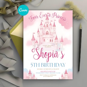 Editable Four Ever A Princess Birthday Invitation, Royal Princess Magical Castle Birthday, Girls Fourth Birthday, Princess Party Invitation