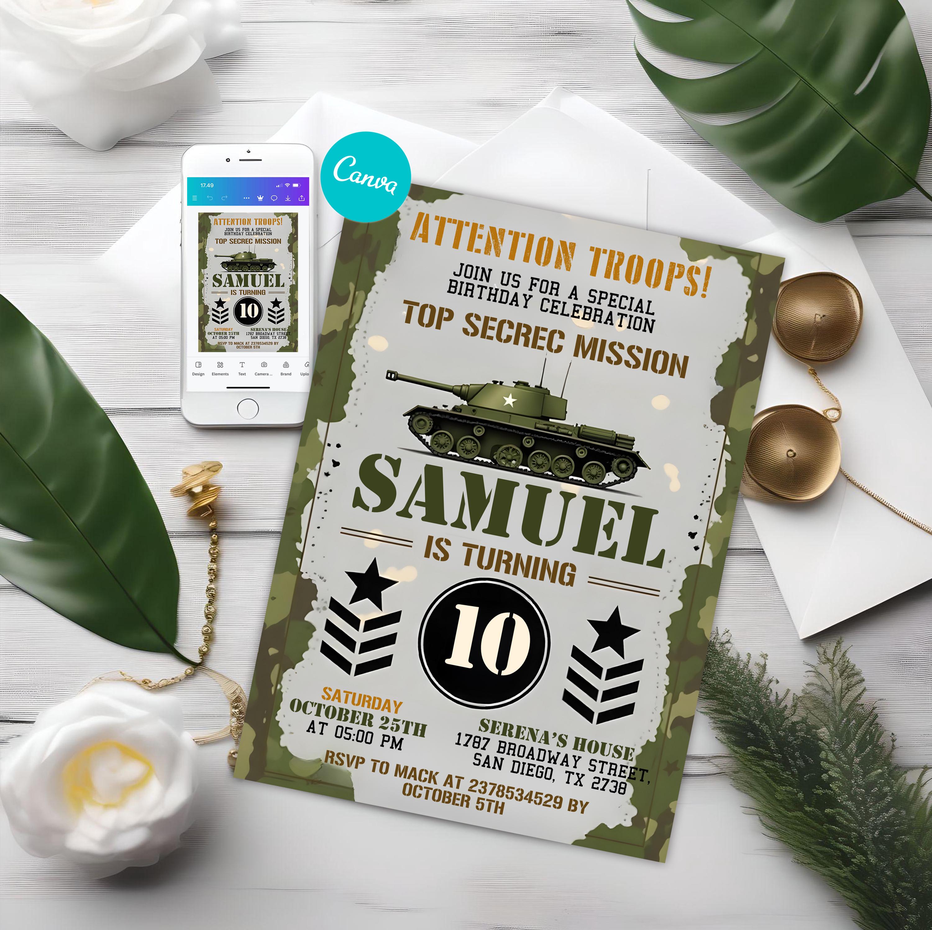 Military Party Invitations, Army Birthday Invitation, Soldier Birthday ...