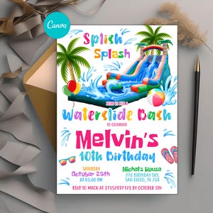 Puede incluir: Una invitación colorida para una fiesta de cumpleaños número 10 con un tema de tobogán de agua. La invitación presenta una ilustración de dibujos animados de un tobogán de agua, palmeras y una piscina. El texto dice "Splish Splash Waterslide Bash to Celebrate Melvin's 10th Birthday". La invitación también incluye detalles sobre la fecha, la hora y la ubicación de la fiesta.