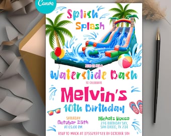 Invitación de cumpleaños con tobogán acuático, invitación a fiesta con tobogán acuático, invitación a fiesta en la piscina, invitación a fiesta acuática para niño o niña, plantilla editable de Canva.