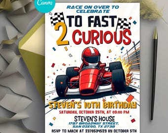 Two Fast Birthday Invitation, Race Car 2nd Birthday, Two Fast 2 Curious Race Car Invite, 2nd Birthday Invitation, Editable Canva Template