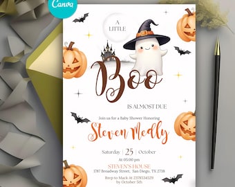 Invitación para baby shower de "A Little Boo is Almost Beginning", plantilla editable de Halloween, descarga digital de un lindo fantasma, invitación de "A Little Boo", imprimible