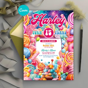 Puede incluir: Una invitación colorida con un tema de dulces para una fiesta de cumpleaños número 15. La invitación presenta un fondo rosa y blanco con una variedad de dulces, piruletas y otros dulces. El texto de la invitación dice "Harley cumple 15 años".