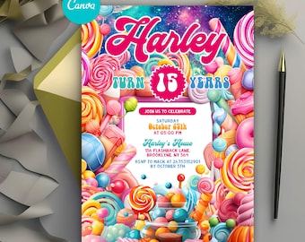 May include: A colorful invitation with a candy theme for a 15th birthday party. The invitation features a pink and white background with a variety of candies, lollipops, and other sweets. The text on the invitation reads "Harley Turns 15 Years".