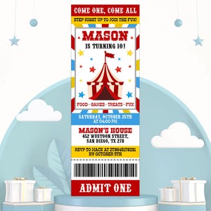 Convite de aniversário com ingressos para o Carnaval, convite para festa de aniversário de circo, convite para o Carnaval, cartões de aniversário com ingressos, modelo editável do Canva