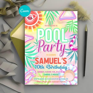 Editable Pool Party Invitation, Tropical Tie Dye Brthday Invite, Glow Neon Invite, Pool Party Invitation, Swimming Party, Instant Download