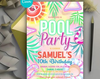 Faire-part modifiable à la piscine, invitation anniversaire tropicale tie-dye, néon phosphorescent, invitation piscine, fête de natation, téléchargement immédiat