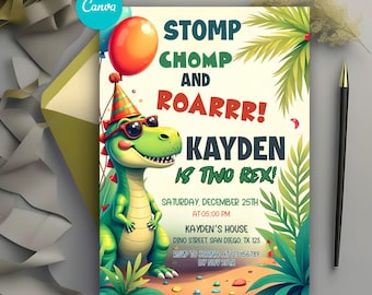 Bearbeitbare Dinosaurier-Einladung zum 2. Geburtstag, Zwei-Rex-Einladung, Dino-Geburtstagseinladung, Dinosaurier-Weltpartyeinladung, Canva-Vorlage