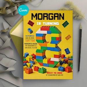 Può includere: Un invito di compleanno giallo con il nome "MORGAN" in grandi lettere nere. Il numero "8" è composto da blocchi colorati. Il testo include la data, l'ora e il luogo della festa, oltre a una richiesta di RSVP.