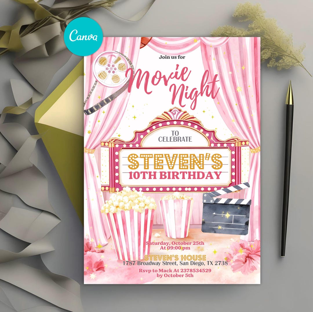 Movie Night Birthday Invitation, Pink Cinema Party Invite, Hollywood ...