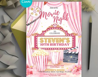Movie Night Birthday Invitation, Pink Cinema Party Invite, Hollywood Theater Birthday, Popcorn and Movie, Any Age, Digital Canva Template