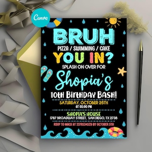 Bruh Birthday Invitation, Boy Pool Birthday Party Invitation, Bruh It&#39;s My Birthday Invite, Teenager Birthday, Editable Canva Template