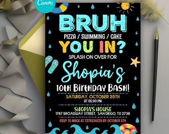 Bruh Birthday Invitation, Boy Pool Birthday Party Invitation, Bruh It's My Birthday Invite, Teenager Birthday, Editable Canva Template