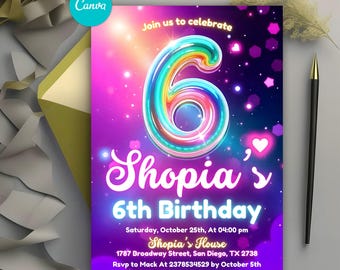 Pink 6th Birthday Invitation, Girl Sixth Birthday Party, Glitter Party Invite, Girl 6th Invitation, Digital Editable Printable