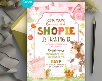 Editable Pink Farm Birthday Invitation, Barnyard Animals Invite for Girls, Floral Farm Animals Invite, Canva Template
