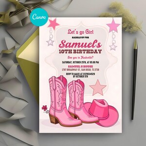 Let&#39;s Go Girls Birthday Invitation, Pink Cowgirl Birthday Party Invite, Disco Rodeo Western Invite, Editable Canva Template