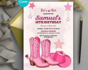 Faire-part d'anniversaire Let's Go Girls, invitation de fête d'anniversaire cow-girl rose, invitation western disco rodéo, modèle de toile modifiable