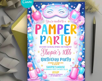 Faire-part d'anniversaire modifiable, fête de maquillage Spa Glow néon, anniversaire fille glamour, téléchargement immédiat, modèle de toile imprimable