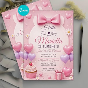 Kitty Birthday Invitation, Cute Kitty Party Invite, Pink Bow Kitten Cat Birthday Invitation, Editable Canva Template, Kitty Invite,Cute Kitty Pink,Kitty Pink Invite,Girl Birthday,Cat Birthday Party,Kitten Theme Party, Birthday Invitation,Cute Kitty Invite,Cute Kitty Party,Kitty Invitation,Kitty Birthday,Kitty Party,Kitty Party Invite