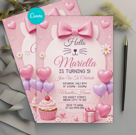Kitty Birthday Invitation, Cute Kitty Party Invite, Pink Bow Kitten Cat Birthday Invitation, Editable Canva Template