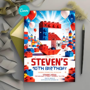 Op de afbeelding: Een verjaardagsuitnodiging met een ontwerp van rode, blauwe en witte bouwstenen die het cijfer 5 vormen. De uitnodiging bevat de tekst "STEVENS 10e VERJAARDAG" en evenementdetails. Ballonnen en een spinnenwebafbeelding zijn ook inbegrepen.