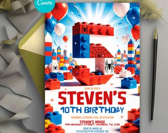 5th Spider Blocks Birthday Invitation, Superhero Building Block Boy Party, Red Blue Brick Hero Invite, Kids Bday, Editable Canva Template