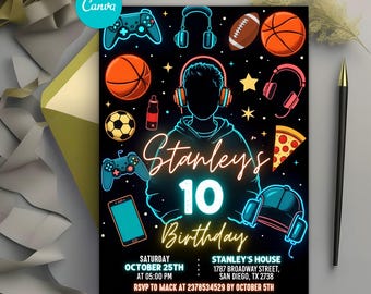 Neon Gaming Birthday Invitation, Boys Party Invite with Gaming, Sports, Pizza & Music Theme, Editable Canva Template