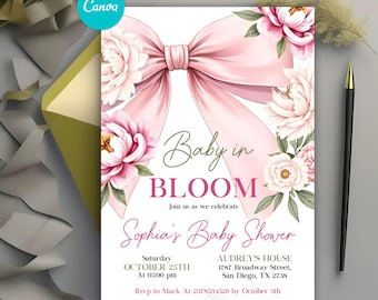 Invito per baby shower con fiocco rosa, invito per baby shower con fiori, invito per baby shower con nastro floreale per bambina