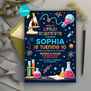 May include: A navy blue invitation with science-themed illustrations, including a microscope, test tubes, and a lightbulb. The text reads "Calling all Little Scientists to Celebrate Sophia is Turning 10." Includes event details.