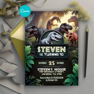 Convite de aniversário de dinossauro editável, convite para festa de T-Rex, convite para festa de aniversário de dinossauro, festa de aniversário de Jurassic para qualquer idade, download instantâneo