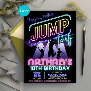 Jump Birthday Invitation, Trampoline Park Party Invite, Bounce House, Neon Jump Invitation, Jump Party Invite, Editable in Canva
