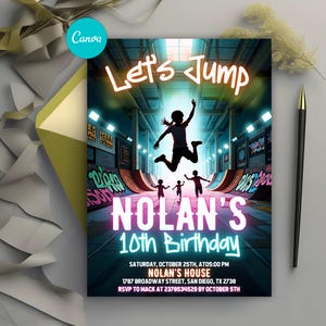 Trampoline Park Party Invite for Trampoline Birthday Party Invitation, Teen Jump Party, Teen ParkourBirthday Lets Jump Party, Canva Editable