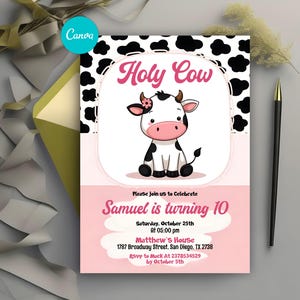 Bewerkbare verjaardagsuitnodiging heilige koe, cowgirl uitnodiging, heilige koe verjaardag 1e verjaardag uitnodigen, uitnodiging koe, instant download