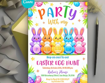 Easter Egg Hunt Invitation, Easter Bunny Invitation, Easter Party Invite, Party With My Peeps Hop On Over Spring Easter Bunny, Canva
