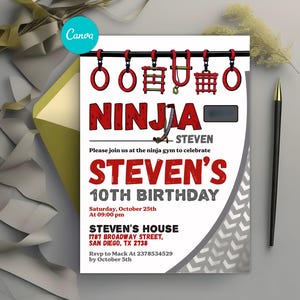 May include: A birthday invitation with a ninja theme. The invitation features the word "NINJA" in large red letters, along with the name "STEVEN" and details for the party, including the date, time, and location.