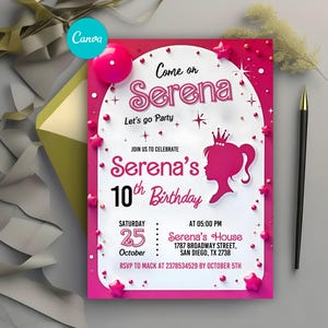 Pink Fashion Doll Birthday Party Invitation, Pink Sparkle Party Invitation, Girl Birthday Invitation, Digital Editable Printable