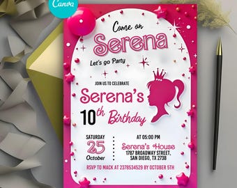 Pink Fashion Doll Birthday Party Invitation, Pink Sparkle Party Invitation, Girl Birthday Invitation, Digital Editable Printable