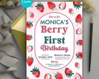Berry First Birthday Invitation, Strawberry Birthday Invitation,Editable 1st Birthday Girl Invite, Girl Invitation, Instant Download