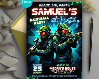 Editable Paintball Birthday Invitation, Paintball Party Invitation Template, Paint Platters, Neon Paintball, Paint Platters, Paintballer