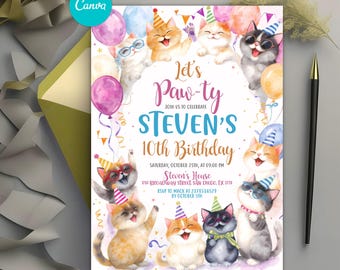 Editable Kitten Birthday Invitation, Let's Paw-ty Cat Invite, Watercolor Kitten Party, Any Age Birthday, Digital Download, Canva Template