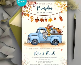 Invito per baby shower autunnale con camion blu Invito per baby shower autunnale con zucca piccola Invito per baby shower autunnale modificabile Stampabile Scarica Canva