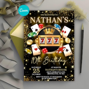 Casino Birthday Invitation, Casino Night Party Invitation, Poker Birthday Party, Playing Cards Poker, Editable Canva Template