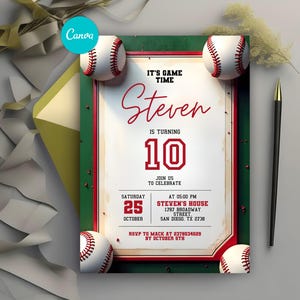 Convite de aniversário de beisebol editável, convite para novato do ano, convite de aniversário esportivo, convite de beisebol para qualquer idade, Canva digital