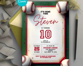 Invitation d'anniversaire de baseball modifiable, invitation de la recrue de l'année, invitation d'anniversaire de sport, invitation de baseball pour tout âge, toile numérique