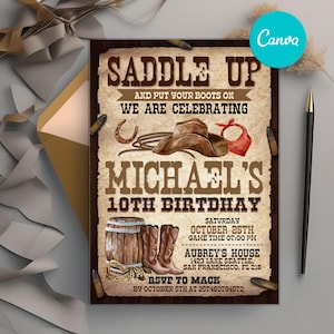 Cowboy Birthday party Invitation Template, Country Western Party Invitation, Rustic Country Boots and Hat Wood, Instant Download